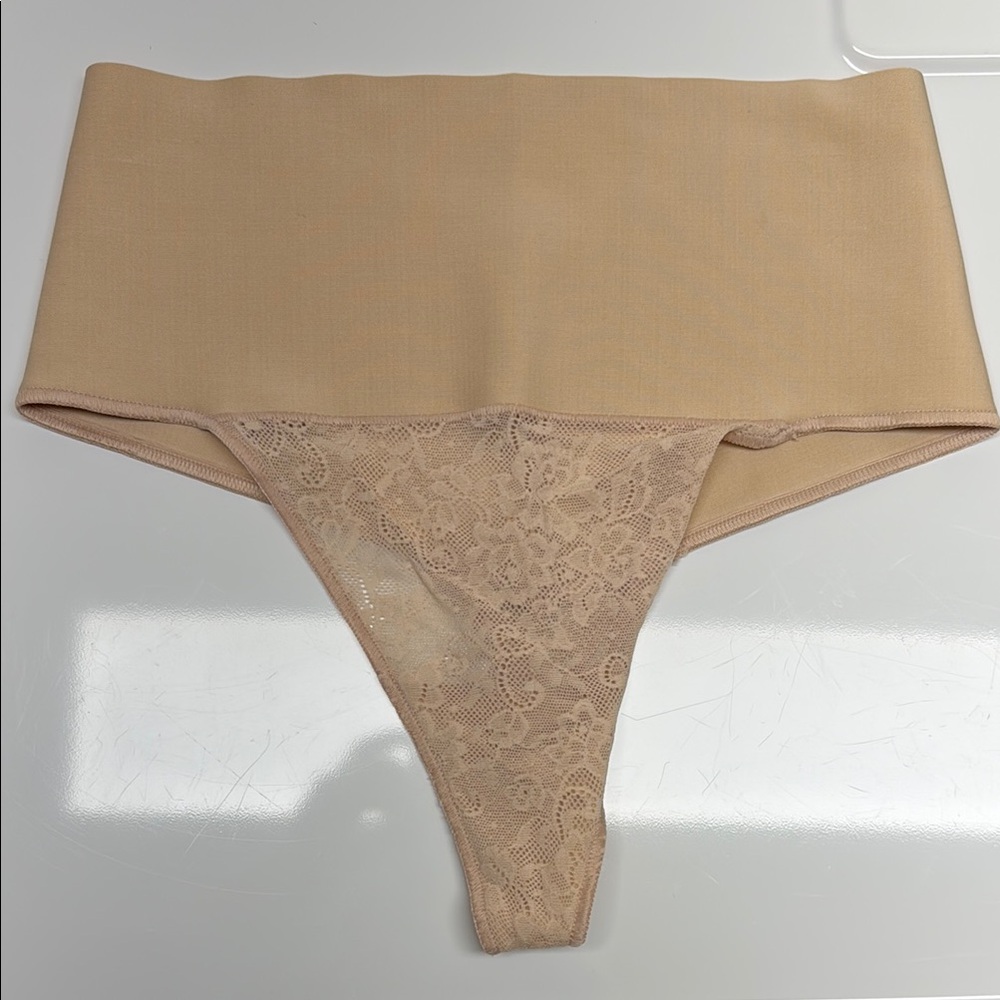 Beige Lace High-Waisted Thong